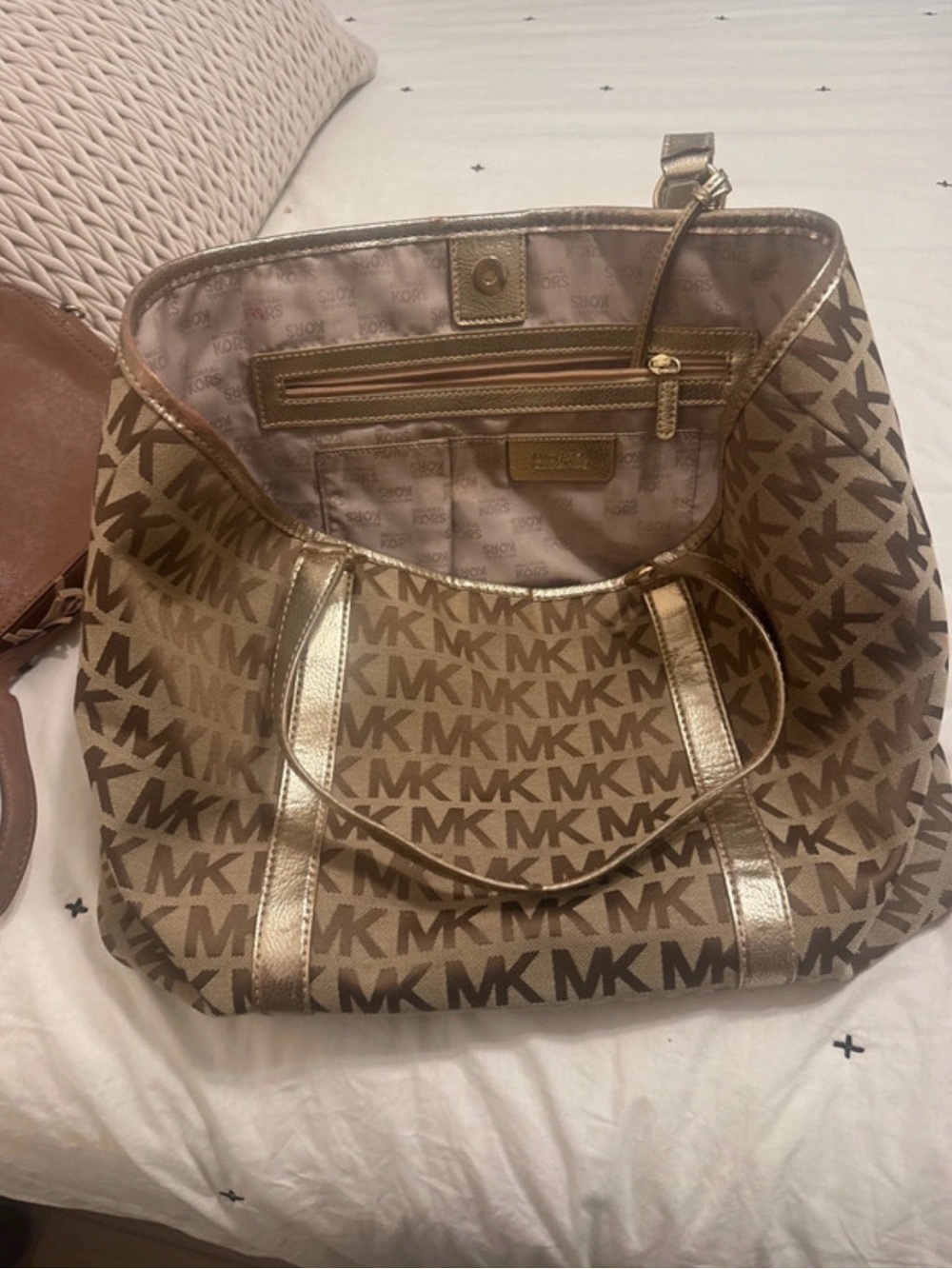 Michael Kors MK Logo Tote in Beige with Gold Trim - Picture 1 of 5